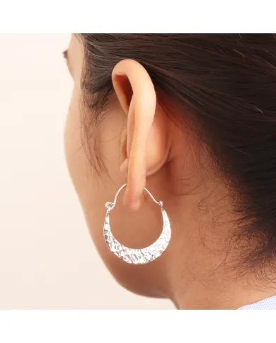 Handmade Hammered Half Moon Hoop Earrings - 925 Sterling Silver Jewelry