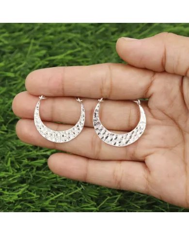 Handmade Hammered Half Moon Hoop Earrings - 925 Sterling Silver Jewelry