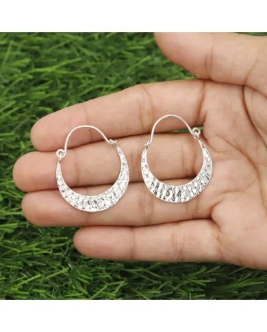Handmade Hammered Half Moon Hoop Earrings - 925 Sterling Silver Jewelry
