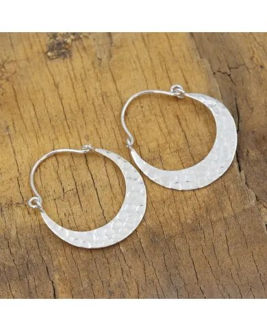 Handmade Hammered Half Moon Hoop Earrings - 925 Sterling Silver Jewelry