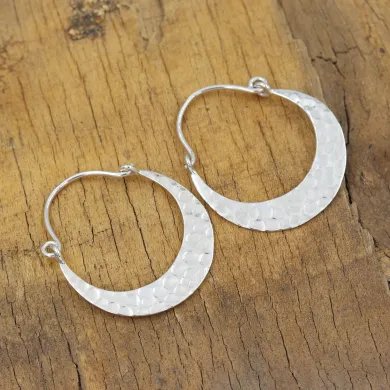 Handmade Hammered Half Moon Hoop Earrings - 925 Sterling Silver Jewelry