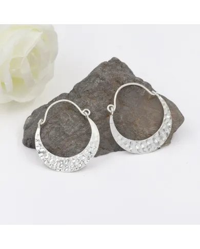 Handmade Hammered Half Moon Hoop Earrings - 925 Sterling Silver Jewelry