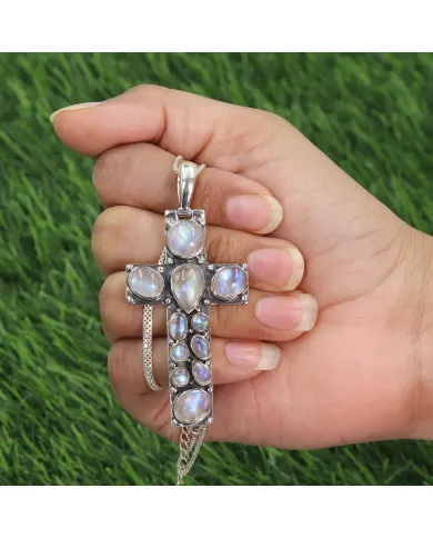 Rainbow Moonstone Cross Pendant Necklace - 925 Sterling Silver Jewelry