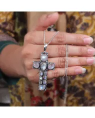 Rainbow Moonstone Cross Pendant Necklace - 925 Sterling Silver Jewelry