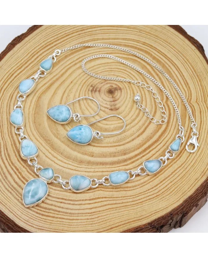 Larimar Necklace Set - 925 Sterling Silver Ocean-Inspired Jewelry