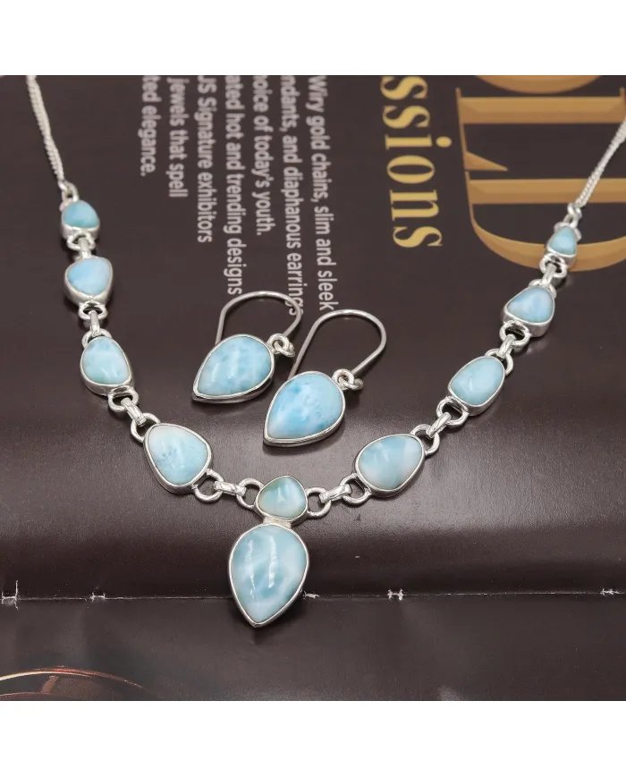 Larimar Necklace Set - 925 Sterling Silver Ocean-Inspired Jewelry