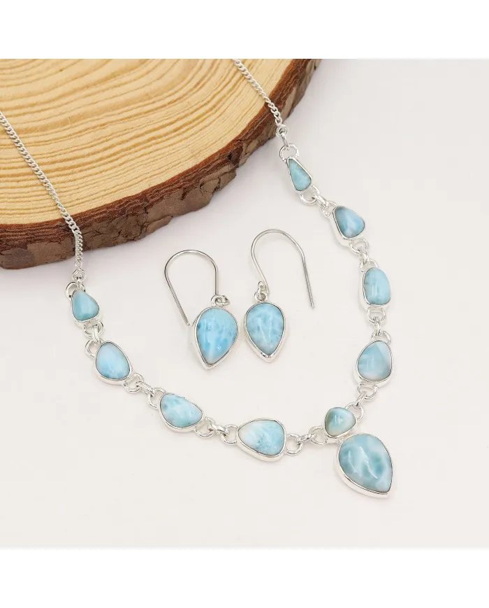 Larimar Necklace Set - 925 Sterling Silver Ocean-Inspired Jewelry