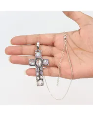 Rainbow Moonstone Cross Pendant Necklace - 925 Sterling Silver Jewelry