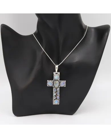Rainbow Moonstone Cross Pendant Necklace - 925 Sterling Silver Jewelry