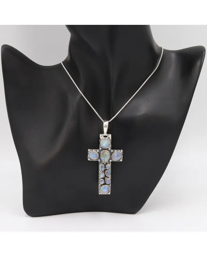 Rainbow Moonstone Cross Pendant Necklace - 925 Sterling Silver Jewelry
