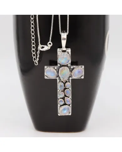Rainbow Moonstone Cross Pendant Necklace - 925 Sterling Silver Jewelry