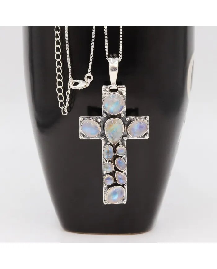Moonstone Necklace - Sterling Silver Holy Cross Pendant, Religious Pendant, June Birthstone, Christmas Gifts