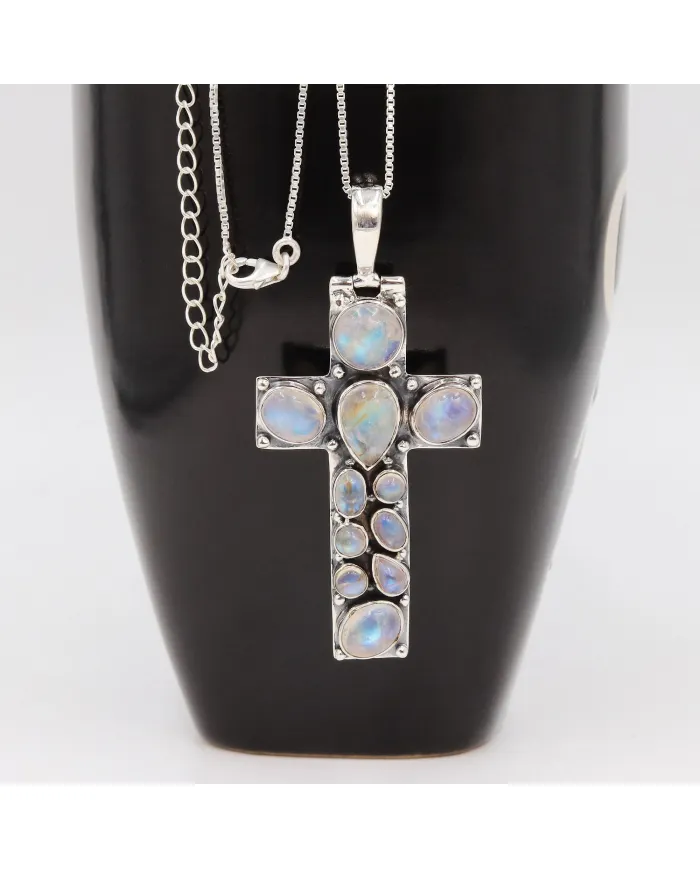 Rainbow Moonstone Cross Pendant Necklace - 925 Sterling Silver Jewelry