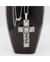 Rainbow Moonstone Cross Pendant Necklace - 925 Sterling Silver Jewelry