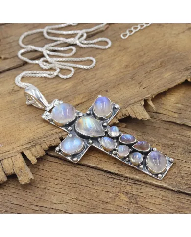 Rainbow Moonstone Cross Pendant Necklace - 925 Sterling Silver Jewelry