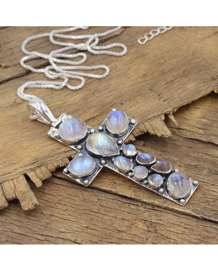 Rainbow Moonstone Cross Pendant Necklace - 925 Sterling Silver Jewelry