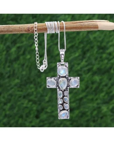 Moonstone Necklace - Sterling Silver Holy Cross Pendant, Religious Pendant, June Birthstone, Christmas Gifts