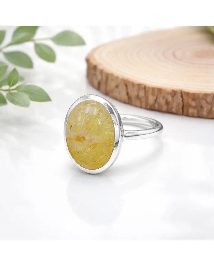Natural Rutilated Quartz Ring - 925 Sterling Silver Oval Shape Jewelry