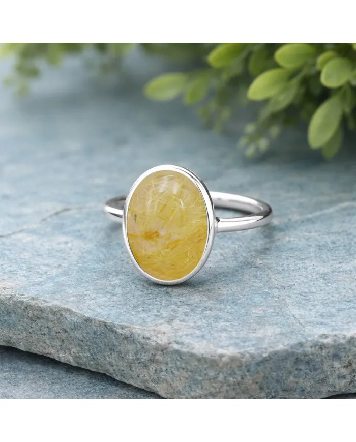 Natural Rutilated Quartz Ring - 925 Sterling Silver Oval Shape Jewelry