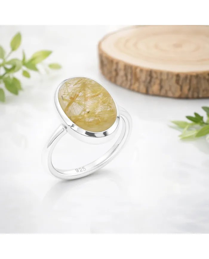 Natural Rutilated Quartz Ring - 925 Sterling Silver Oval Shape Jewelry