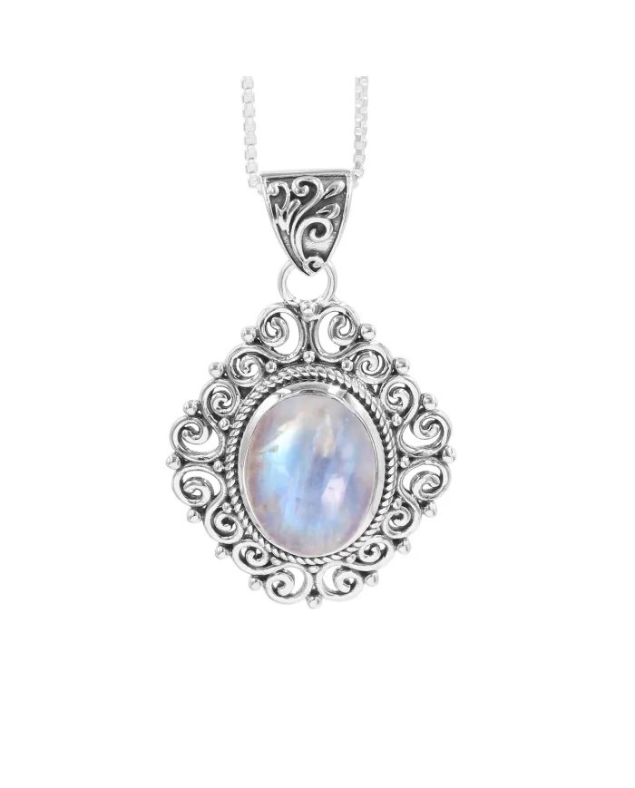 Rainbow Moonstone Pendant - 925 Sterling Silver Boho Vintage Jewelry