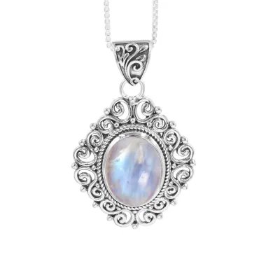 Rainbow Moonstone Pendant - 925 Sterling Silver Boho Vintage Jewelry