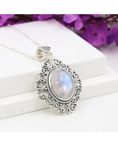 Rainbow Moonstone Pendant - 925 Sterling Silver Boho Vintage Jewelry