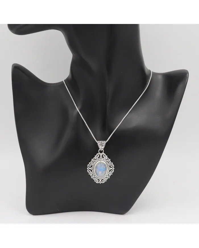 Rainbow Moonstone Pendant - 925 Sterling Silver Boho Vintage Jewelry