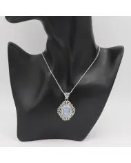 Rainbow Moonstone Pendant - 925 Sterling Silver Boho Vintage Jewelry