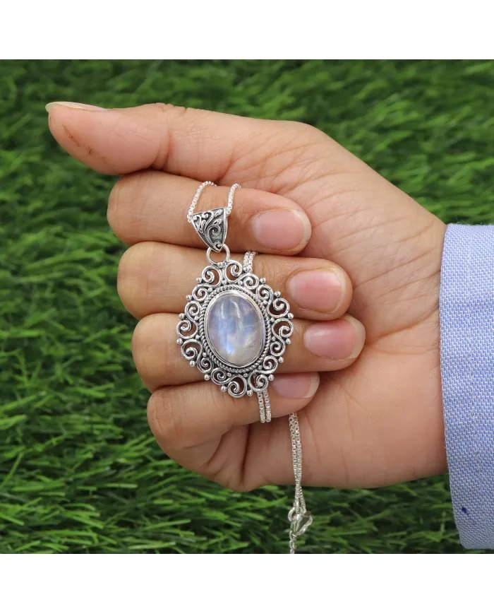 Rainbow Moonstone Pendant - 925 Sterling Silver Boho Vintage Jewelry