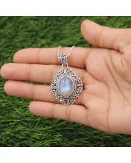 Rainbow Moonstone Pendant - 925 Sterling Silver Boho Vintage Jewelry