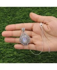 Rainbow Moonstone Pendant - 925 Sterling Silver Boho Vintage Jewelry