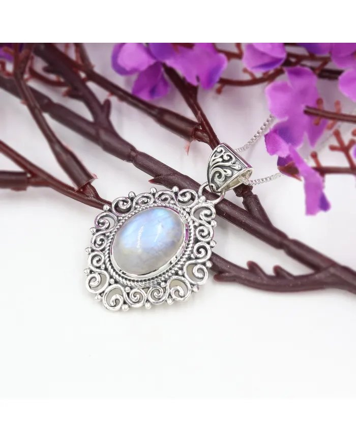 Rainbow Moonstone Pendant - 925 Sterling Silver Boho Vintage Jewelry