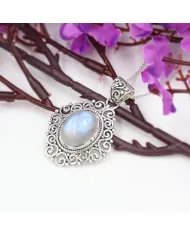 Rainbow Moonstone Pendant - 925 Sterling Silver Boho Vintage Jewelry