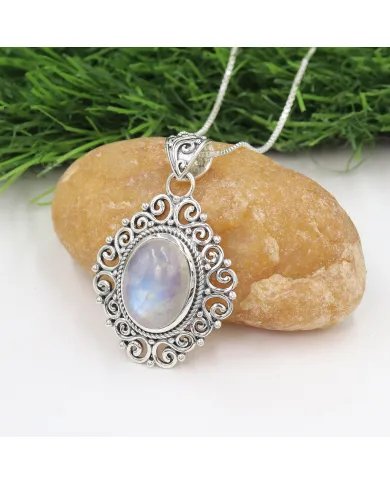 Rainbow Moonstone Pendant - 925 Sterling Silver Boho Vintage Jewelry