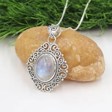 Rainbow Moonstone Pendant - 925 Sterling Silver Boho Vintage Jewelry