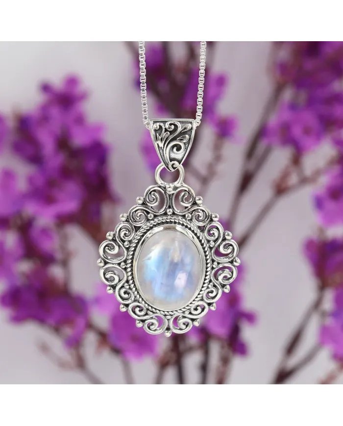 Rainbow Moonstone Pendant - 925 Sterling Silver Boho Vintage Jewelry