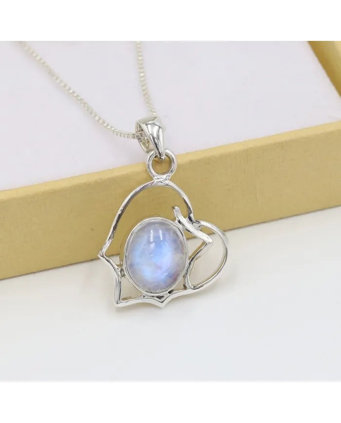 Rainbow Moonstone Oval Pendant - 925 Sterling Silver Unique Jewelry