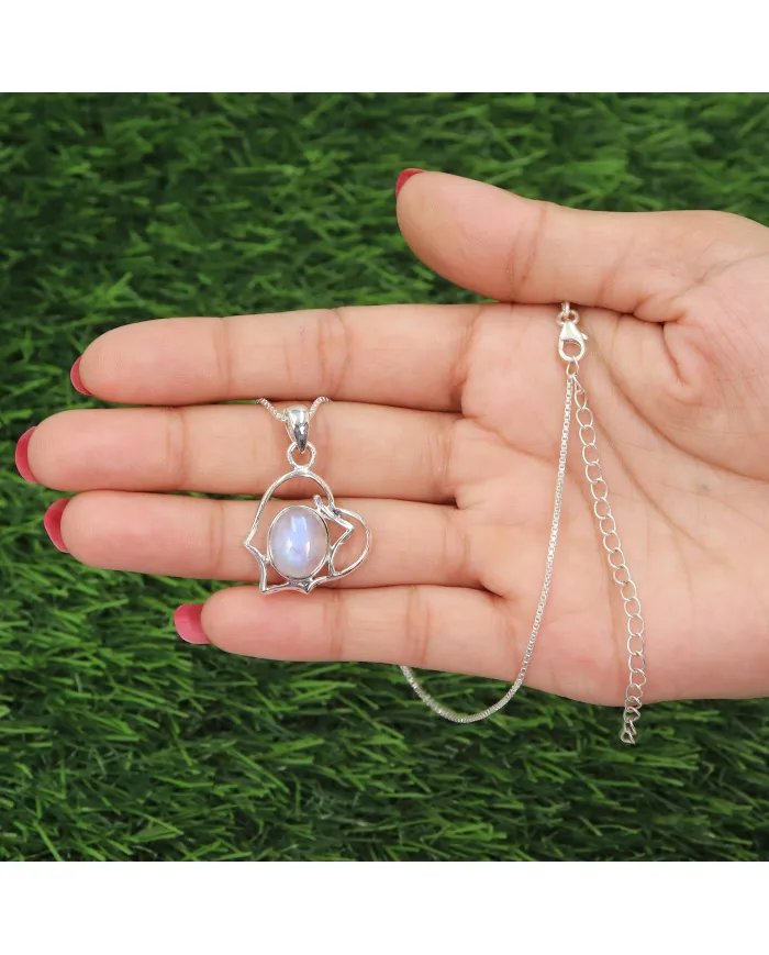 Rainbow Moonstone Oval Pendant - 925 Sterling Silver Unique Jewelry