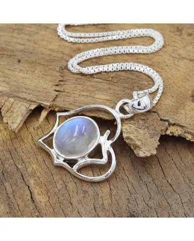 Rainbow Moonstone Oval Pendant - 925 Sterling Silver Unique Jewelry