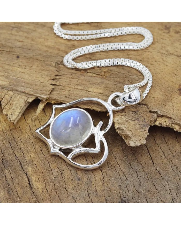 Rainbow Moonstone Oval Pendant - 925 Sterling Silver Unique Jewelry