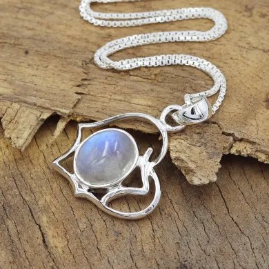 Rainbow Moonstone Oval Pendant - 925 Sterling Silver Unique Jewelry