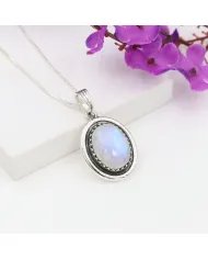 Rainbow Moonstone Pendant - 925 Sterling Silver Oval Handmade Jewelry