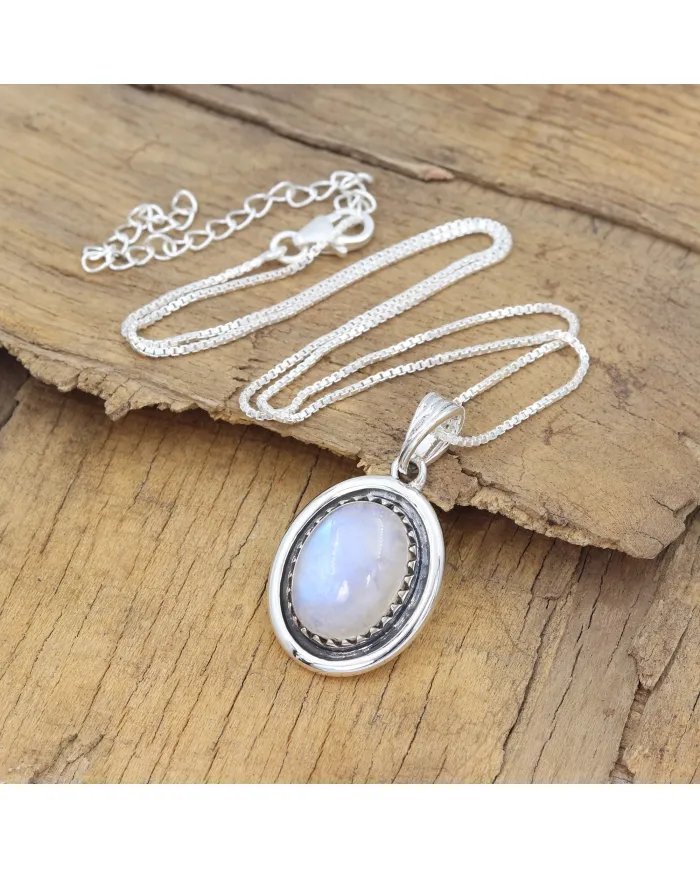 Rainbow Moonstone Pendant - 925 Sterling Silver Oval Handmade Jewelry