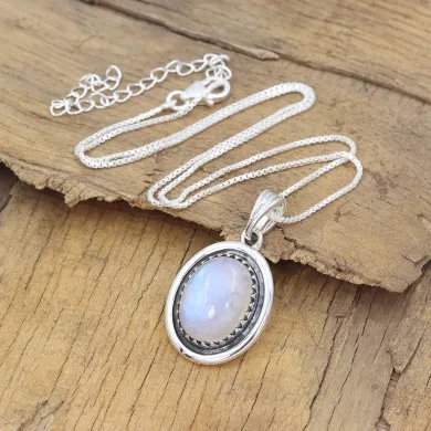 Rainbow Moonstone Pendant - 925 Sterling Silver Oval Handmade Jewelry