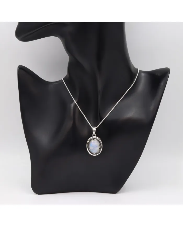 Rainbow Moonstone Pendant - 925 Sterling Silver Cabochon Necklace