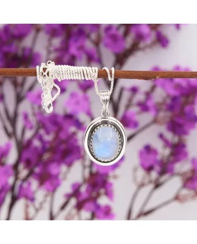 Rainbow Moonstone Pendant - 925 Sterling Silver Oval Handmade Jewelry