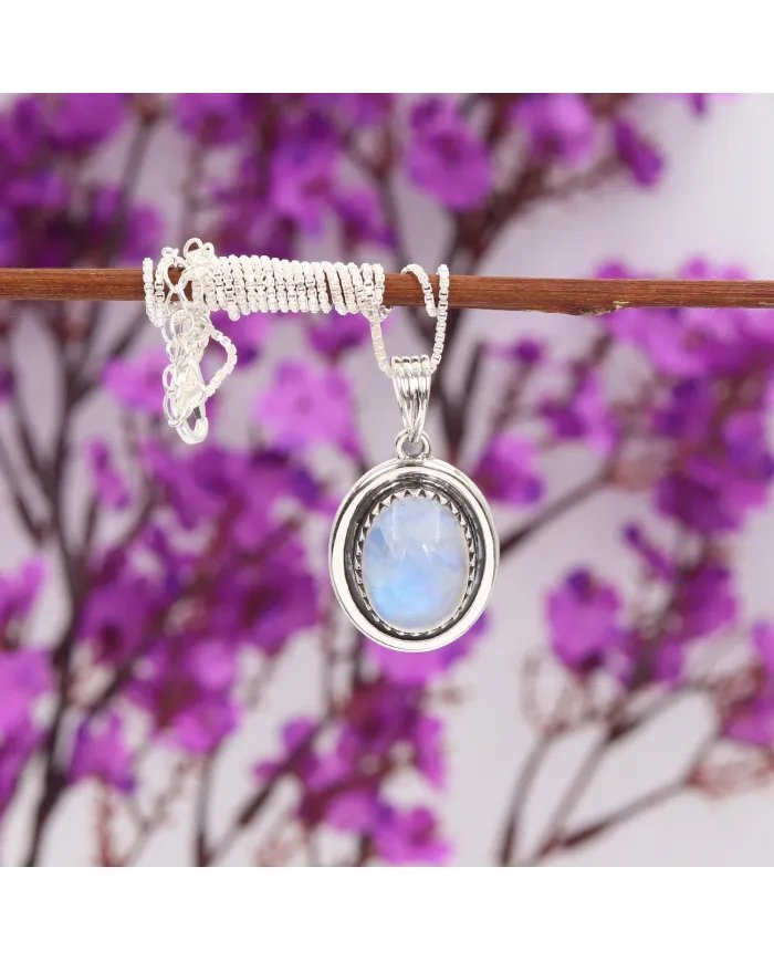 Rainbow Moonstone Pendant - 925 Sterling Silver Oval Handmade Jewelry
