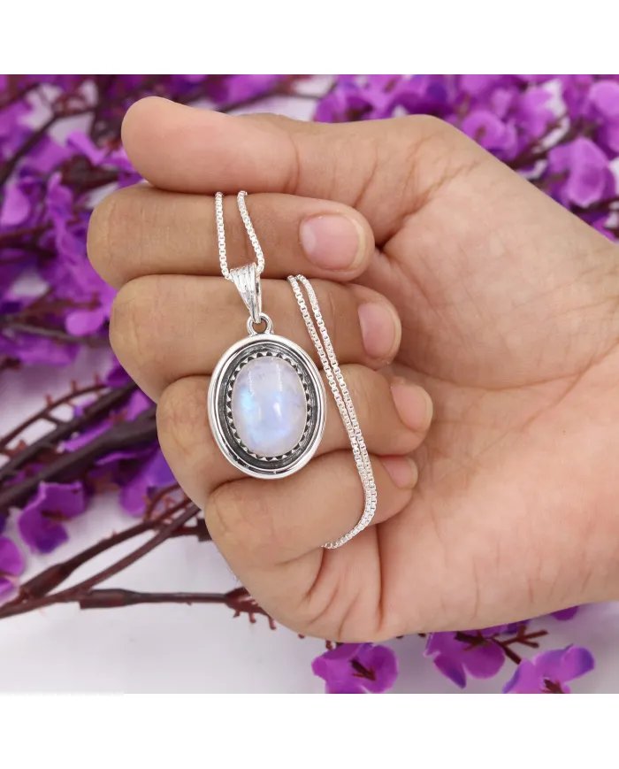 Rainbow Moonstone Pendant - 925 Sterling Silver Oval Handmade Jewelry