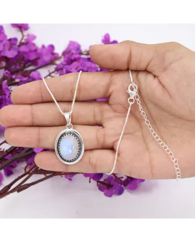 Rainbow Moonstone Pendant - 925 Sterling Silver Cabochon Necklace